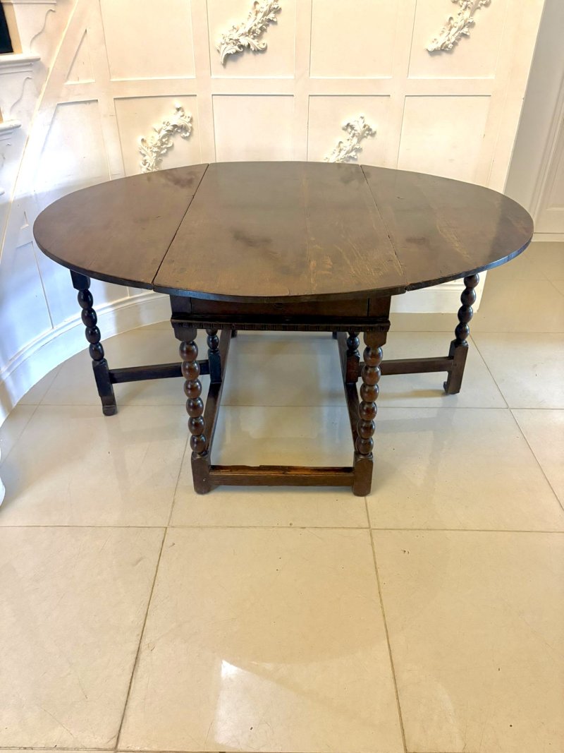 Exceptional Quality Antique 17th Century Oak Gateleg 6 Seater Dining Table with Bobbin Turned Legs - Image 7